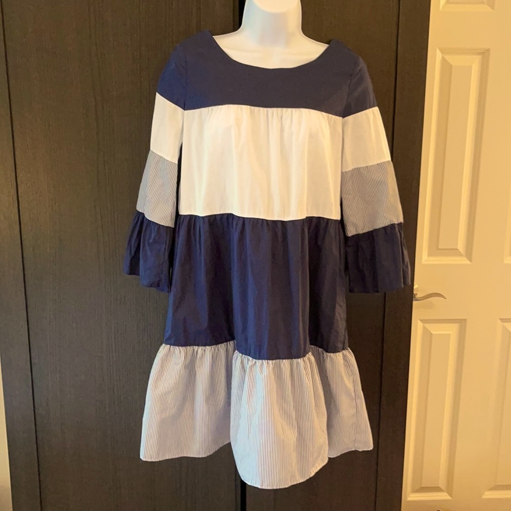 PopReal Cotton Blue/White Dress 3/4 Sleeves SZ S